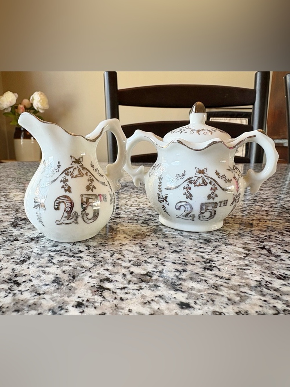 ♥️💖  Porcelain 25th Wedding  Anniversary Set of Cream & Sugar Tiny Set Vintage